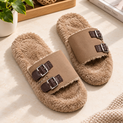 Women’s White Buckle Thick-Soled Fur Slippers – New Plush Cotton Warm Platform Slippers for Outdoor Wear
