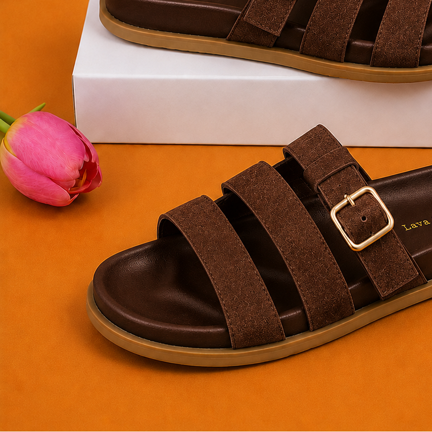 Sandales à enfiler pour femmes, triple bride et boucle, confort premium