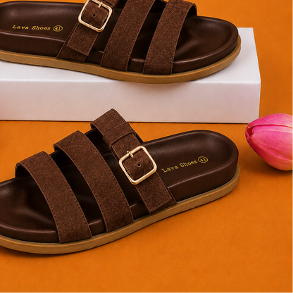Sandales à enfiler pour femmes, triple bride et boucle, confort premium