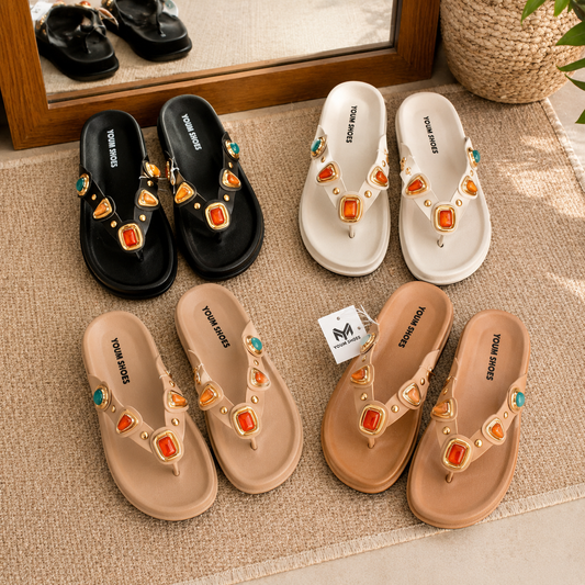 Women's Bohemian Flip Flop Sandals – Rhinestone T-Strap Platform Slides, Lightweight Non-Slip Summer Beach Thong Slippers