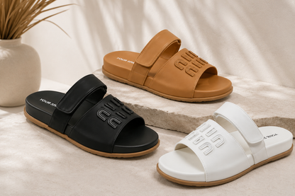 Women's Double Strap Flat Slide Sandals – Adjustable Buckle Casual Summer Slippers, Lightweight Comfort Open Toe Beach Shoes