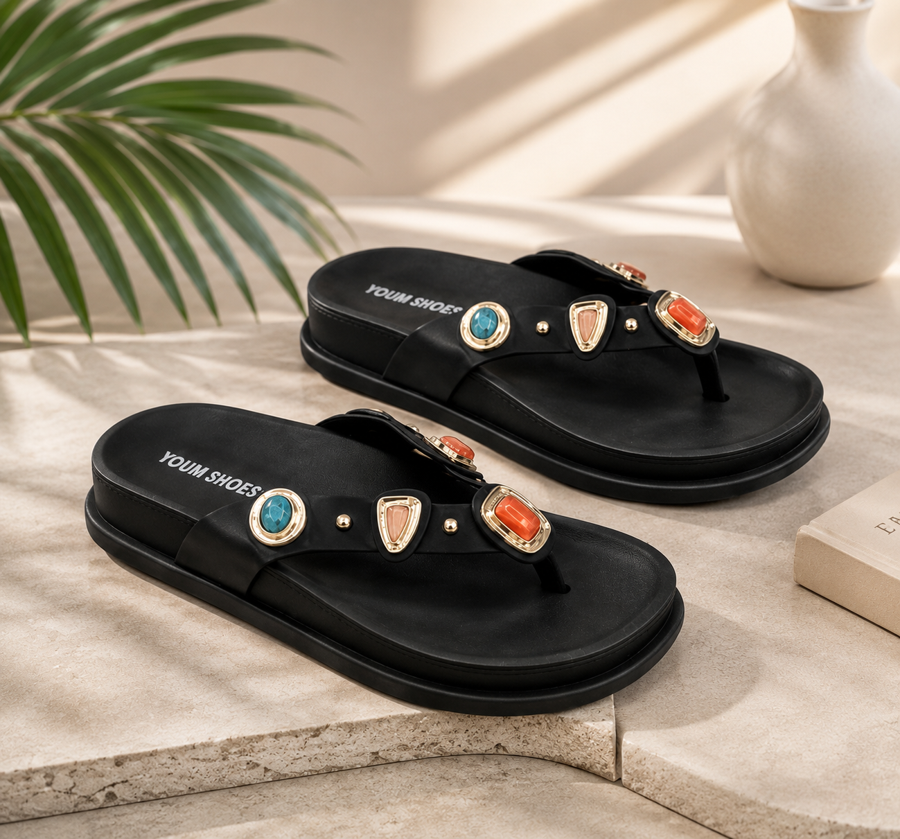 Women's Bohemian Flip Flop Sandals – Rhinestone T-Strap Platform Slides, Lightweight Non-Slip Summer Beach Thong Slippers