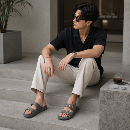 Men’s Double Buckle Comfort Slides – Casual Anti-Slip Open Toe Sandals