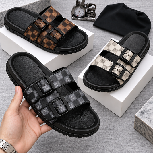Men’s Double-Buckle Comfort Slide Sandals – Adjustable Casual Summer Slippers