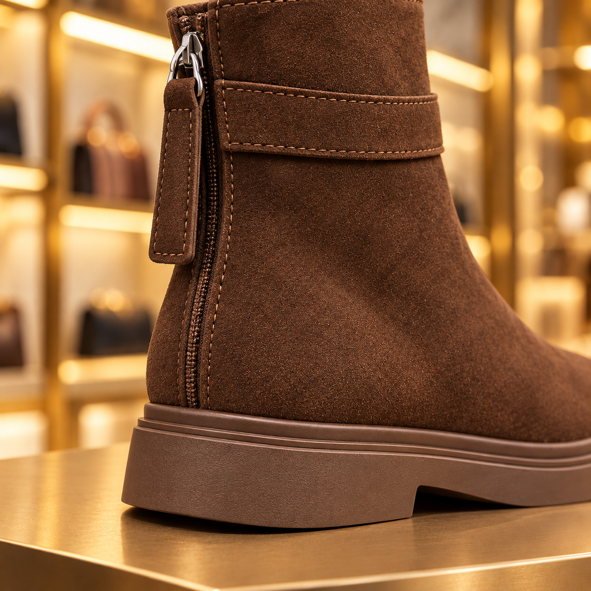 Women’s Elegant Suede-Look Ankle Boots with Decorative Buckle Strap, Zip Closure and Chunky Sole – A Timeless Style for Effortless Autumn and Winter Outfits