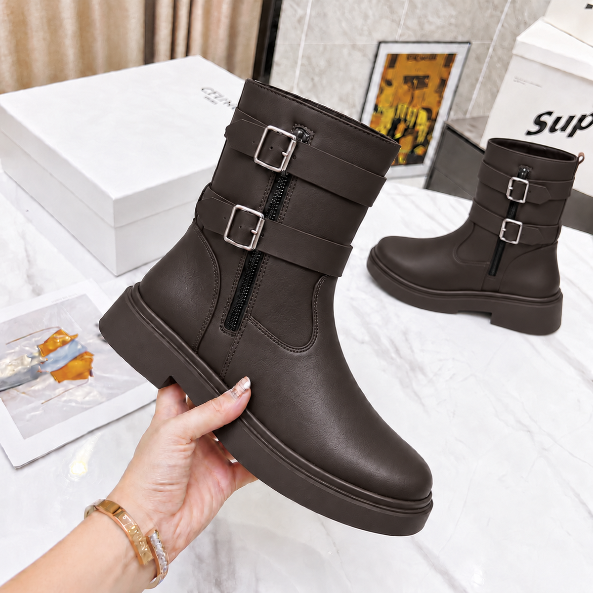 Women’s Elegant Double-Buckle Boots with Side Zip, Rounded Toe and Low Block Heel – Timeless Everyday Style