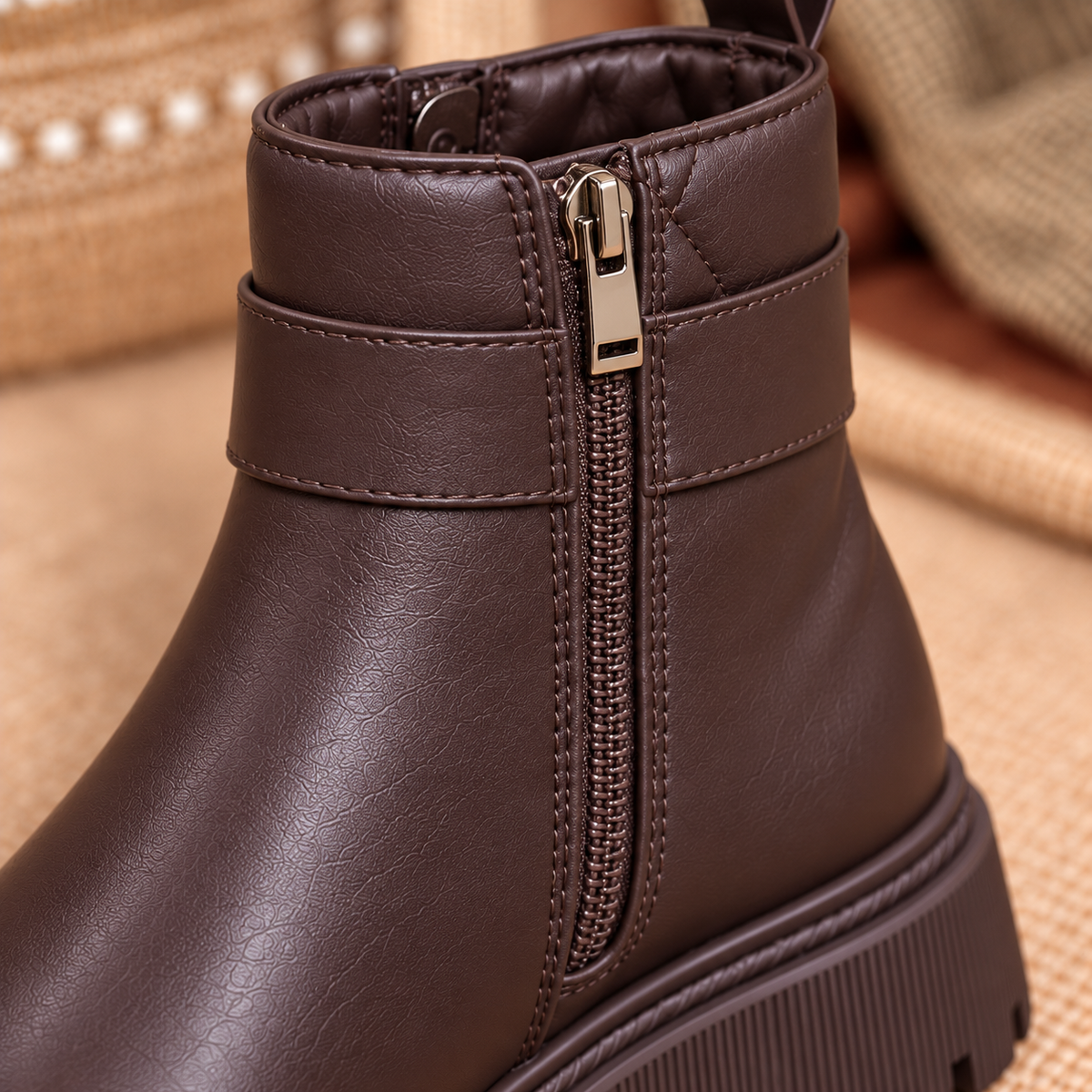 Bottines élégantes matelassées pour femme avec boucle décorative et semelle crantée épaisse