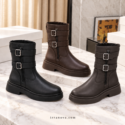 Women’s Elegant Double-Buckle Boots with Side Zip, Rounded Toe and Low Block Heel – Timeless Everyday Style