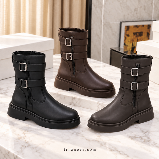 Bottines élégantes pour femme à double boucle, fermeture éclair latérale, bout arrondi et petit talon carré – Style quotidien indémodable en noir, marron chocolat et taupe
