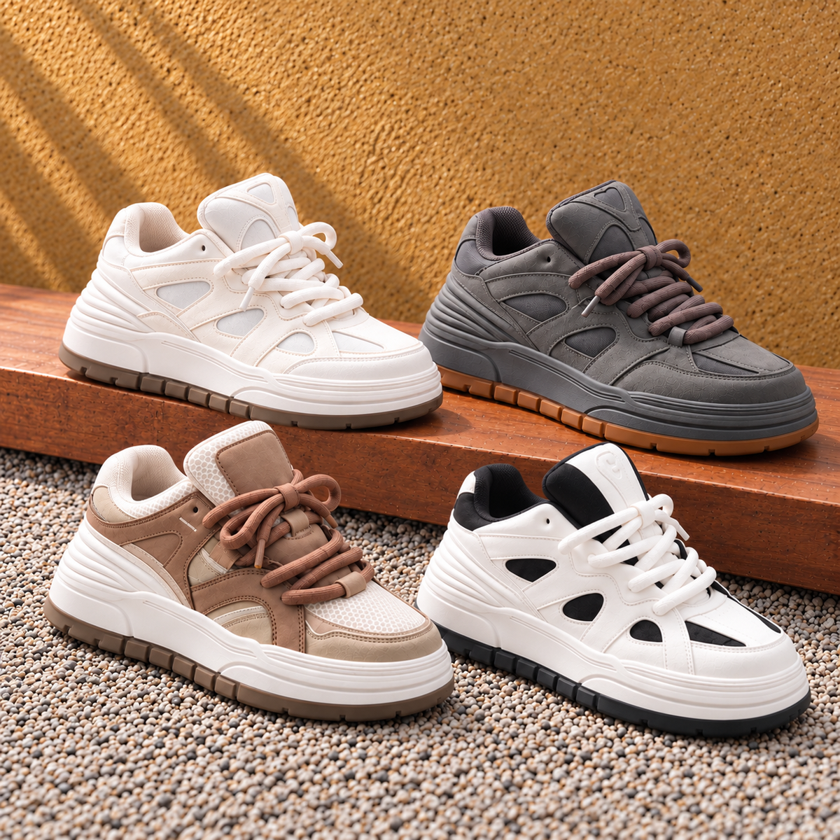 Men’s Urban Chunky Sneakers with Oversized Rope Laces, Layered Panel Details and a Bold Thick Sole for Modern Casual Style