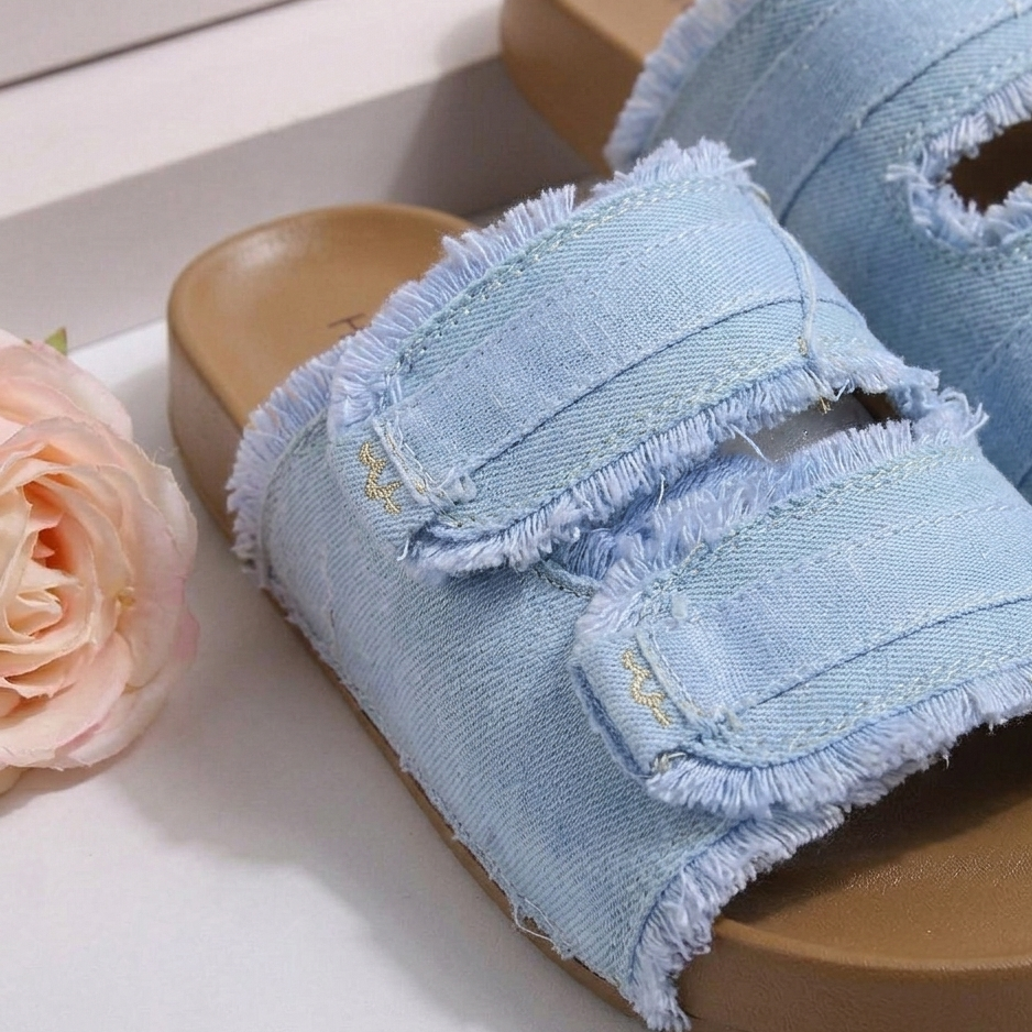 Women’s Denim Double-Strap Comfort Slide Sandals