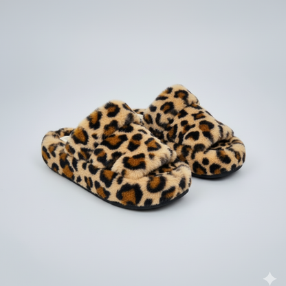 نعل نسائي مفتوح من الأمام من الفرو الصناعي (نقشة جلد النمر والأسود) 