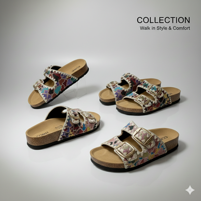 Women’s Boho Chic Double-Buckle Cork Slide Sandals