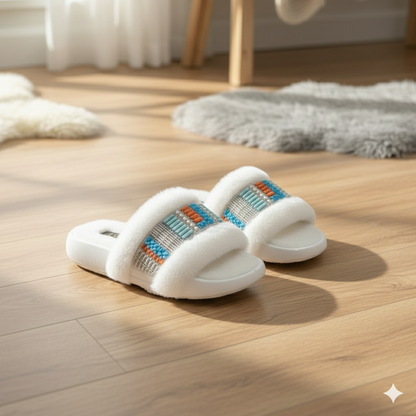 Pantoufles d'hiver pour femmes, douces et moelleuses, à bride perlée, sandales plates chaudes