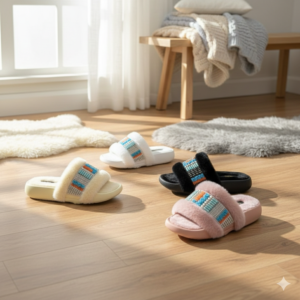 Pantoufles d'hiver pour femmes, douces et moelleuses, à bride perlée, sandales plates chaudes