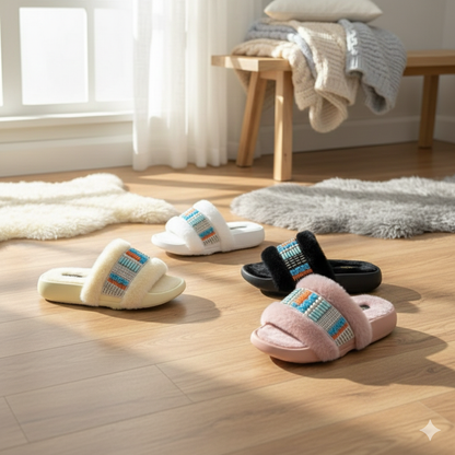 Pantoufles d'hiver pour femmes, douces et moelleuses, à bride perlée, sandales plates chaudes
