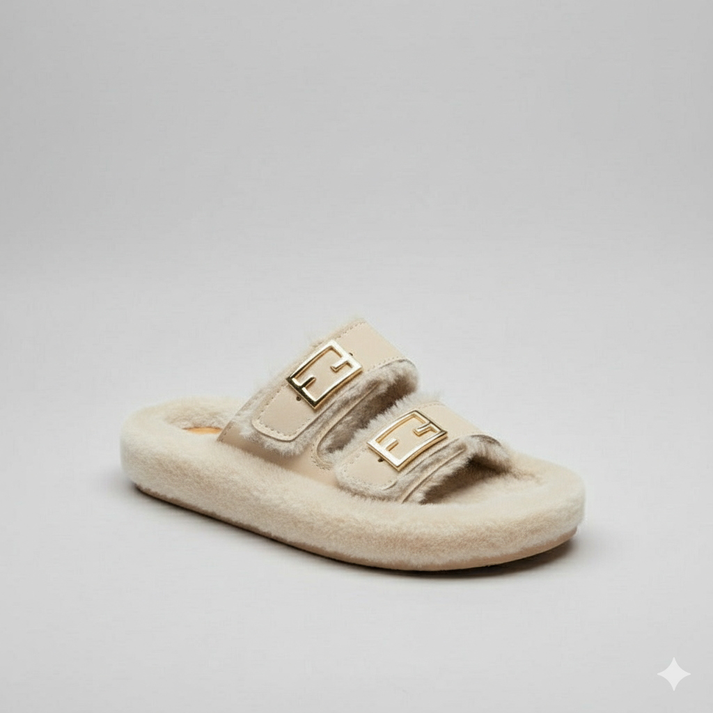 أحذية منزلية فاخرة من الفرو الصناعي ذات رباطين مريحين مع إبزيمات ذهبية اللون.