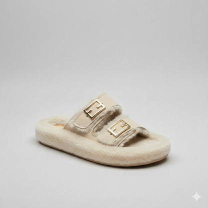 أحذية منزلية فاخرة من الفرو الصناعي ذات رباطين مريحين مع إبزيمات ذهبية اللون.
