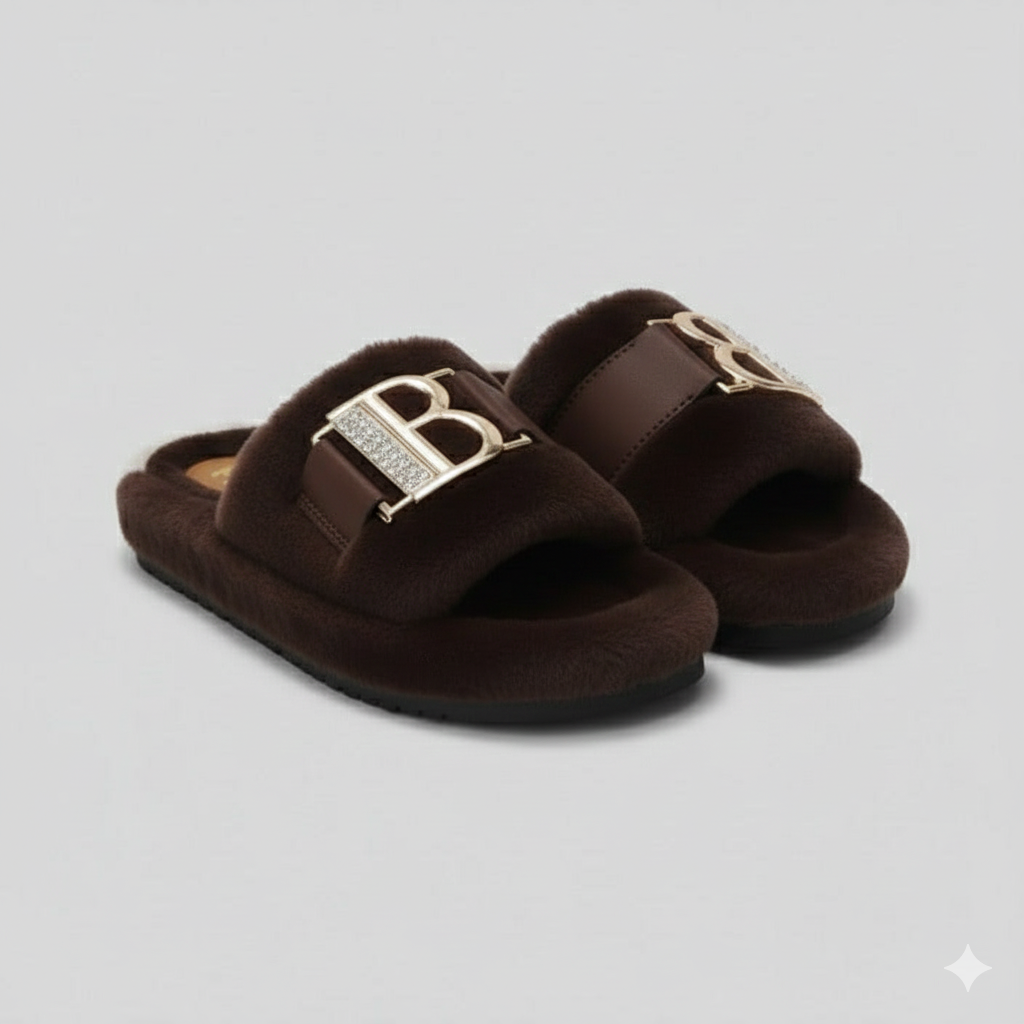Women’s Cozy Plush Slippers – Luxe Comfort With Elegant Buckle Detail