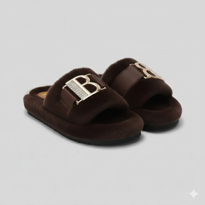 Women’s Cozy Plush Slippers – Luxe Comfort With Elegant Buckle Detail
