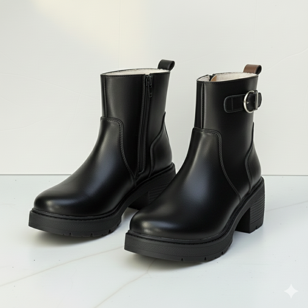 Women’s Winter Ankle Boots, Chunky Block Heel Faux Leather Booties with Side Zipper, Lug Sole Casual Shoes