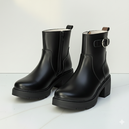 Women’s Winter Ankle Boots, Chunky Block Heel Faux Leather Booties with Side Zipper, Lug Sole Casual Shoes