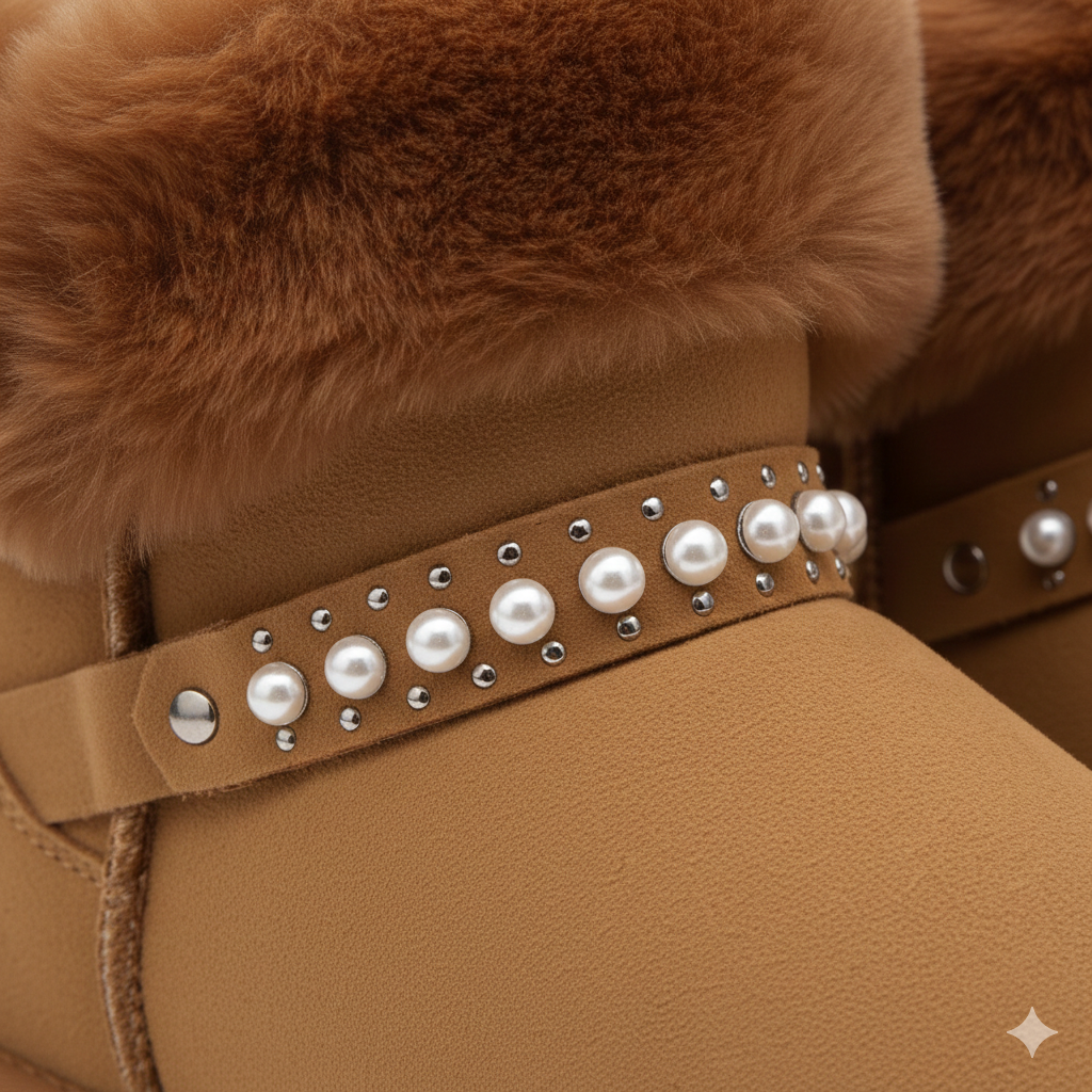 Women’s Cozy Fur Ankle Boots with Pearl Detail – Warm Winter Comfort