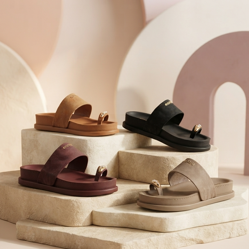 Women's Premium Toe Ring Slide Sandals | Soft Comfort Flat Slip-On Slippers