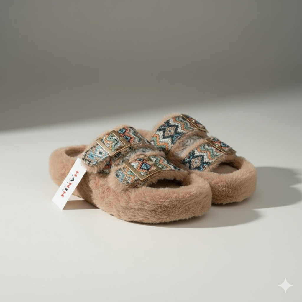 نعال نسائية من الفرو الصناعي بإبزيم مزدوج - دفء عند الأصابع
