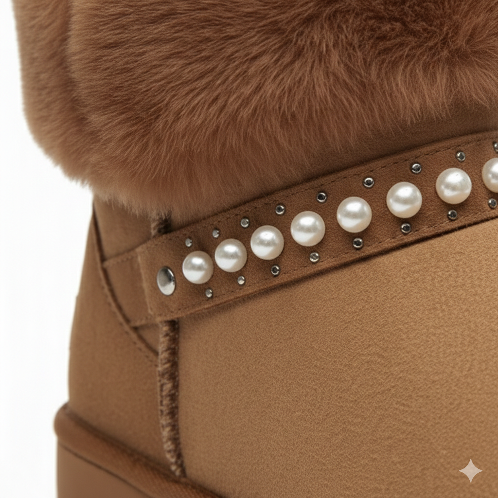 Women’s Cozy Fur Ankle Boots with Pearl Detail – Warm Winter Comfort