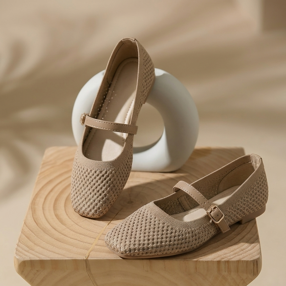 Women’s Breathable Knit Mary Jane Flats with Adjustable Strap – Casual Comfort Shoes