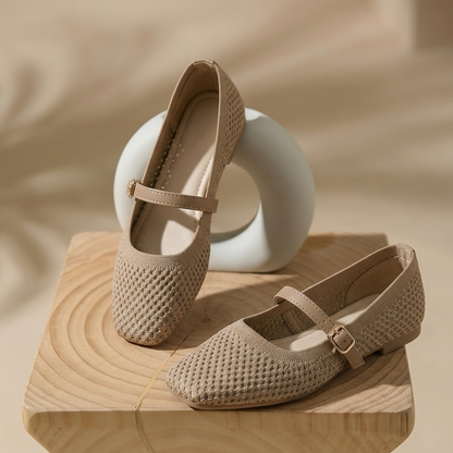 Women’s Breathable Knit Mary Jane Flats with Adjustable Strap – Casual Comfort Shoes