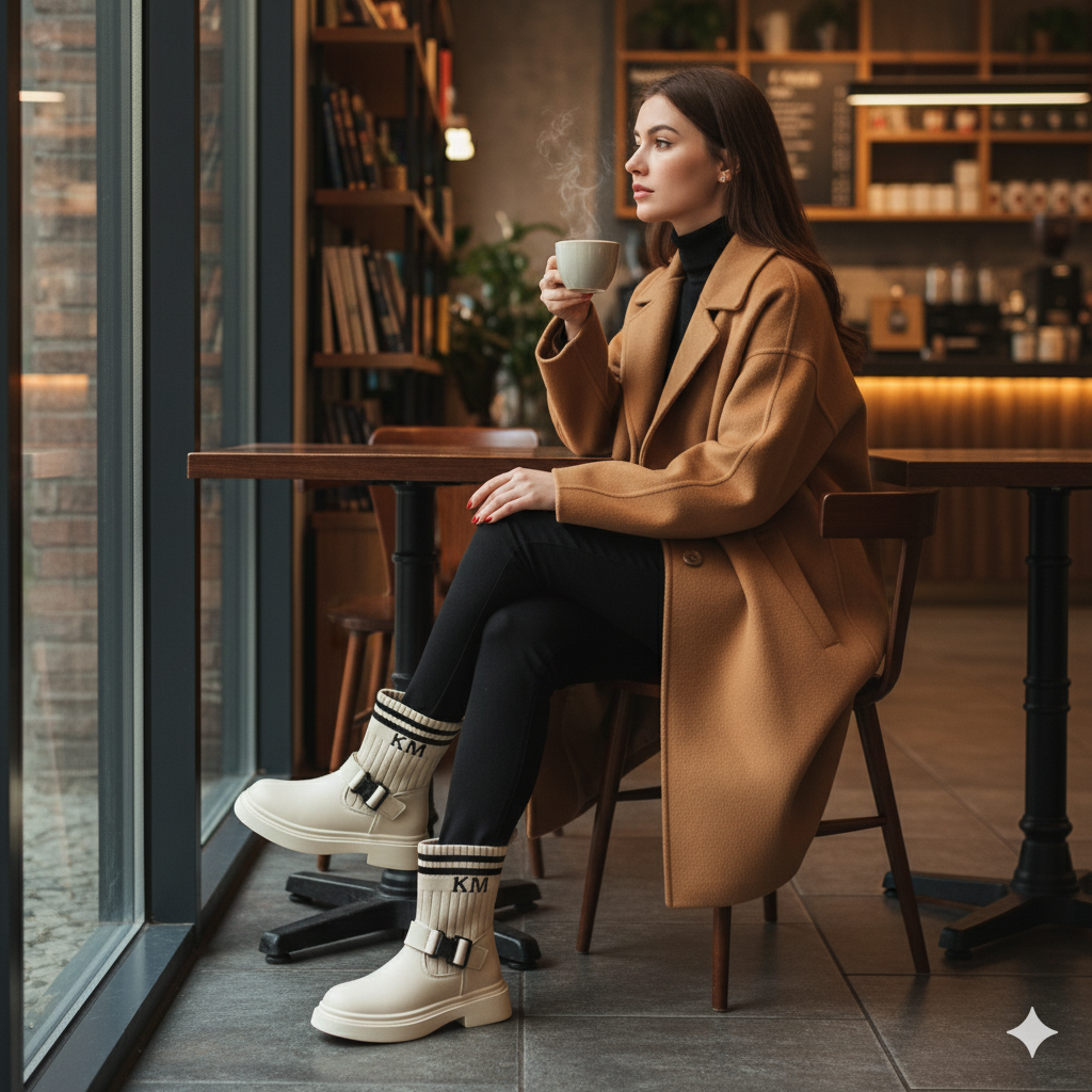 حذاء نسائي طويل حتى منتصف الساق مزود بإبزيم - مقاس محكم