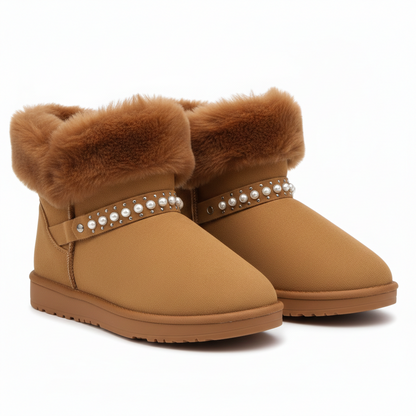 Women’s Cozy Fur Ankle Boots with Pearl Detail – Warm Winter Comfort