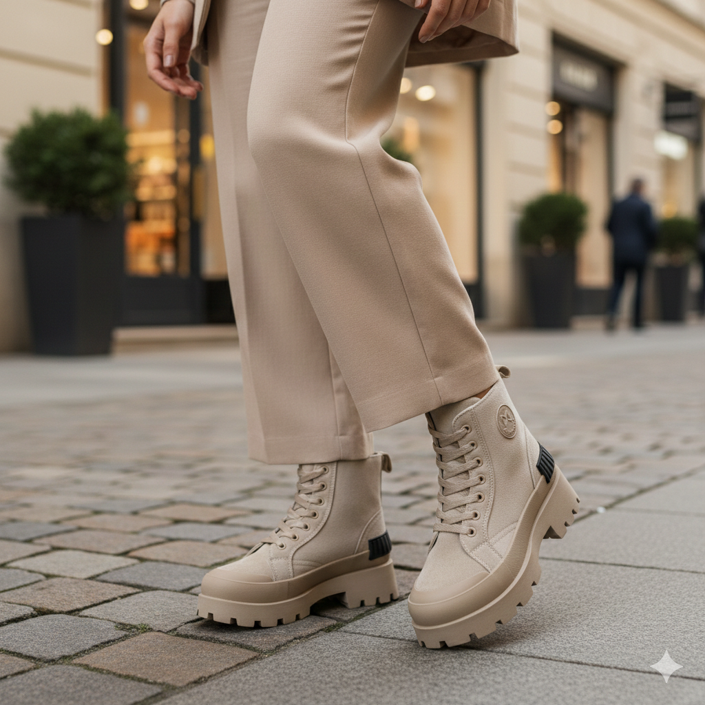 Women’s Chunky Lace-Up Ankle Boots – Platform Sole (Black & Beige)