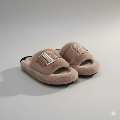 Women’s Cozy Plush Slippers – Luxe Comfort With Elegant Buckle Detail