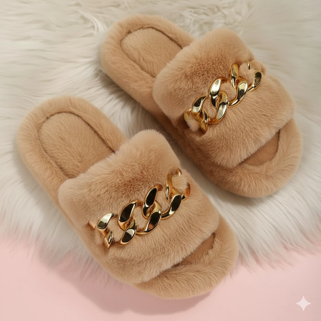 Pantoufles en fausse fourrure pour femmes avec chaîne dorée – Mocassins d'intérieur doux et confortables à bout ouvert, chaussures tendance pour la maison