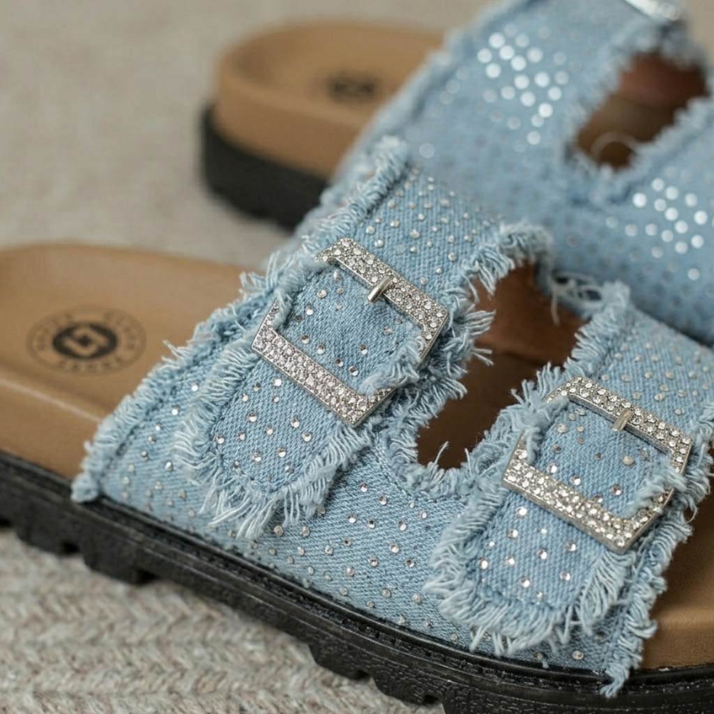 Women’s Rhinestone Denim Double-Buckle Slides – Stylish Comfort Sandals