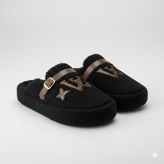 Teddy-fleece clog slippers: warm toes, stay-put buckle