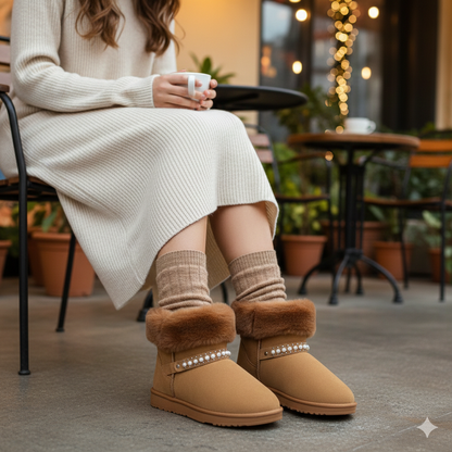 Women’s Cozy Fur Ankle Boots with Pearl Detail – Warm Winter Comfort