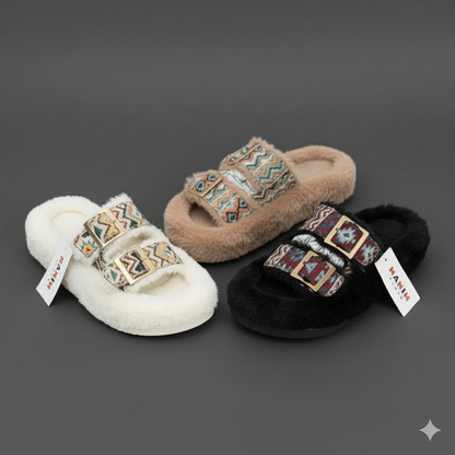 نعال نسائية من الفرو الصناعي بإبزيم مزدوج - دفء عند الأصابع