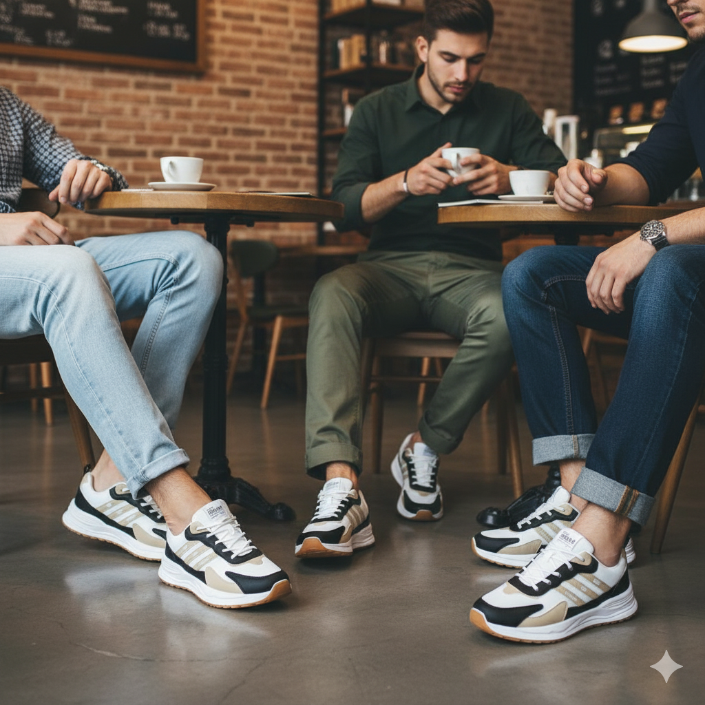 "Dynamic Streetwear Kicks – Black, Navy, and Gold Edition"