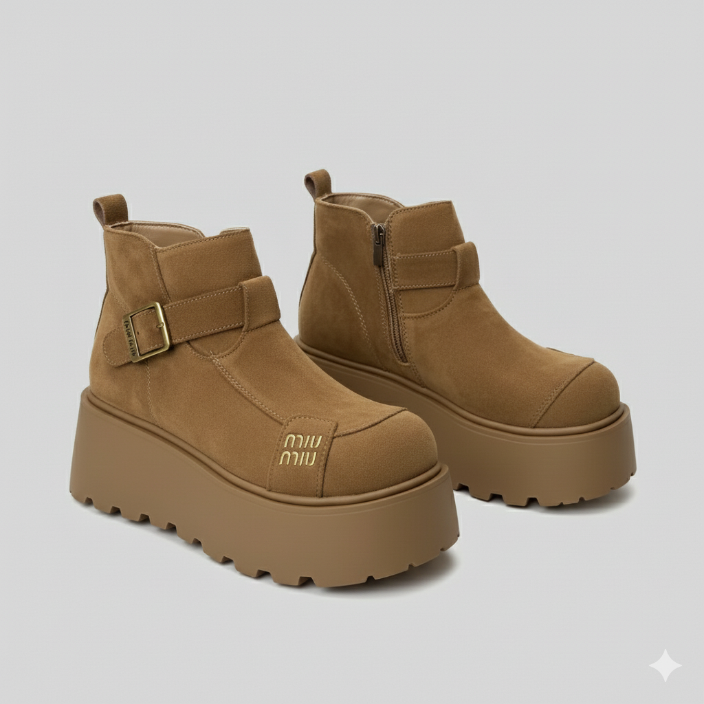 Chaussures élégantes et décontractées en daim pour femmes, à semelle compensée et bride à boucle.