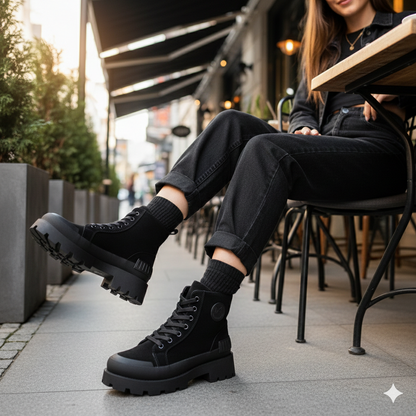 Women’s Chunky Lace-Up Ankle Boots – Platform Sole (Black & Beige)