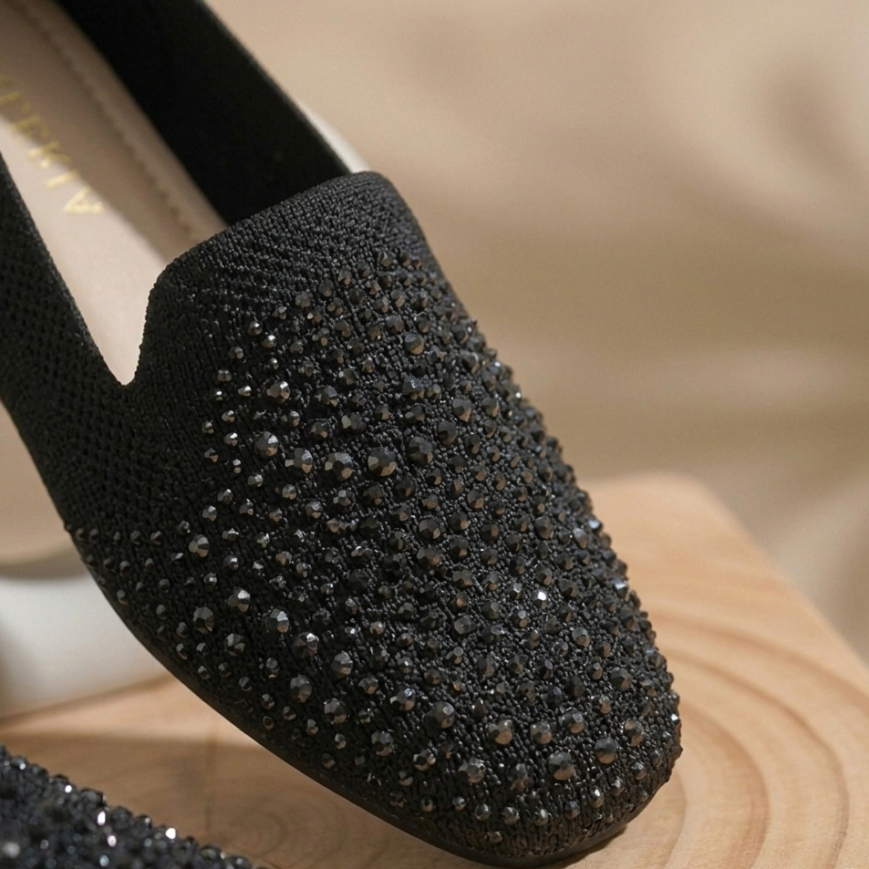 Women’s Rhinestone Slip-On Ballet Flats – Comfortable Knit Loafers for Casual & Party Wear