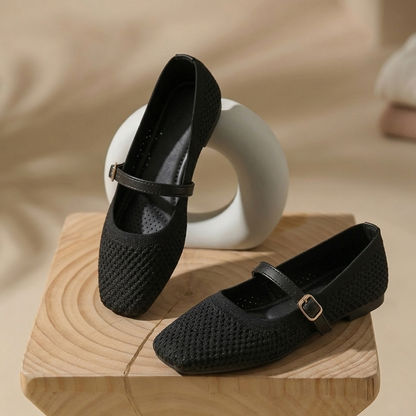 Women’s Breathable Knit Mary Jane Flats with Adjustable Strap – Casual Comfort Shoes