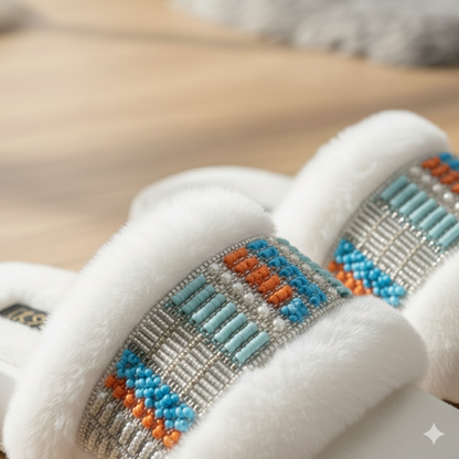 Pantoufles d'hiver pour femmes, douces et moelleuses, à bride perlée, sandales plates chaudes