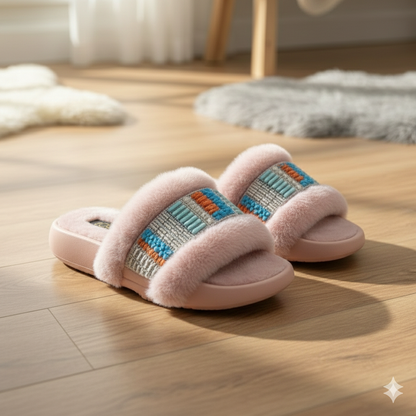 Pantoufles d'hiver pour femmes, douces et moelleuses, à bride perlée, sandales plates chaudes