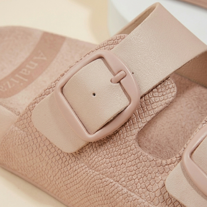 Women’s Stylish Double Strap Comfort Slides – Casual Buckle Sandals
