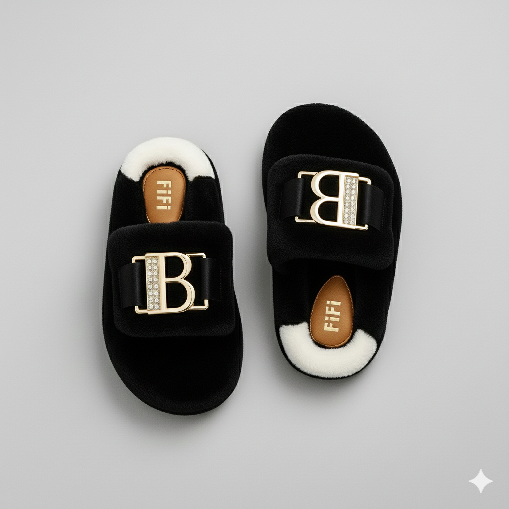 Women’s Cozy Plush Slippers – Luxe Comfort With Elegant Buckle Detail